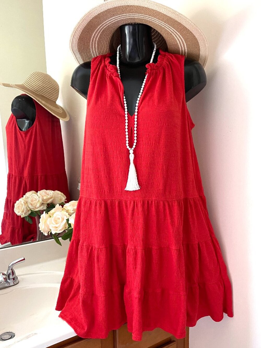 MAX STUDIO Red Dress Medium Sleeveless Women's Dress Knee Length Cotton Mix